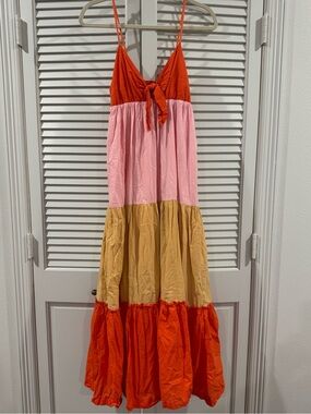 Colorblock Tiered Maxi Dress - Orange, Pink, Tan
